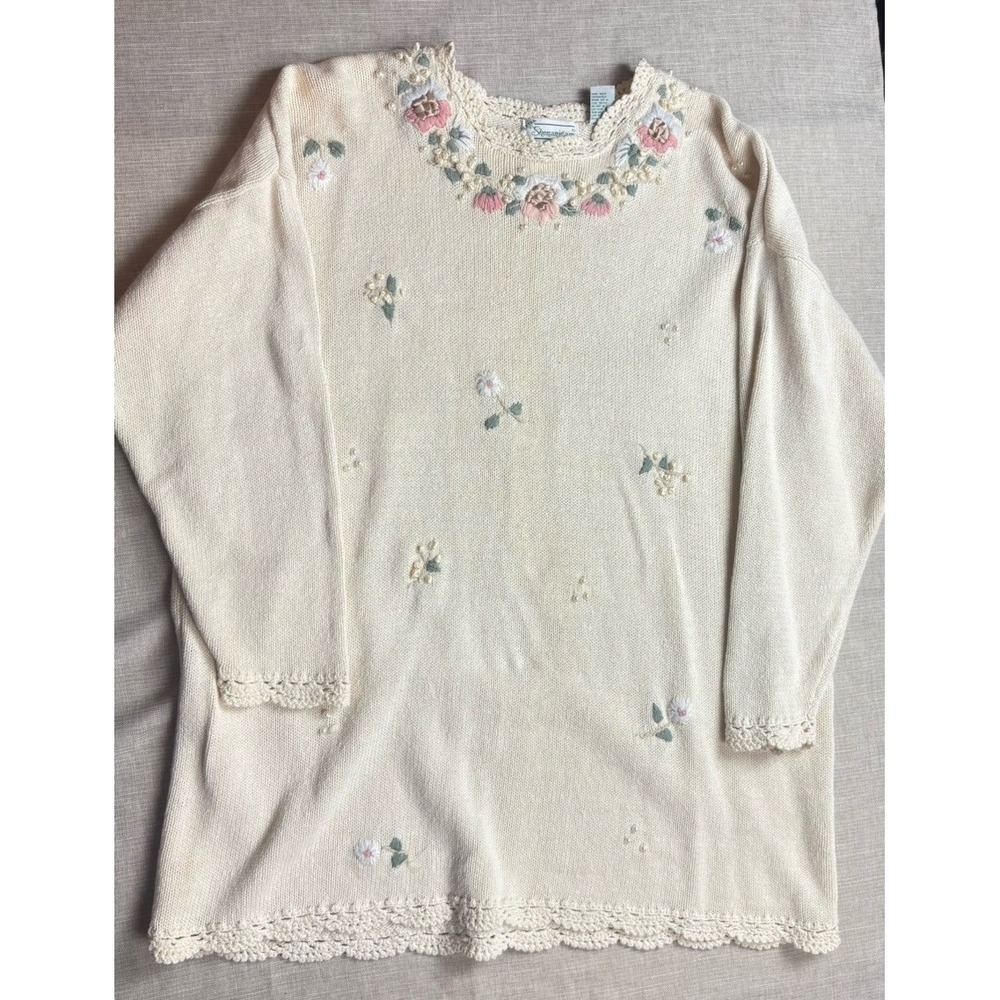 Extra Shenanigans Knitted By Hand Size 24 Floral Sweater White Pink Vintage